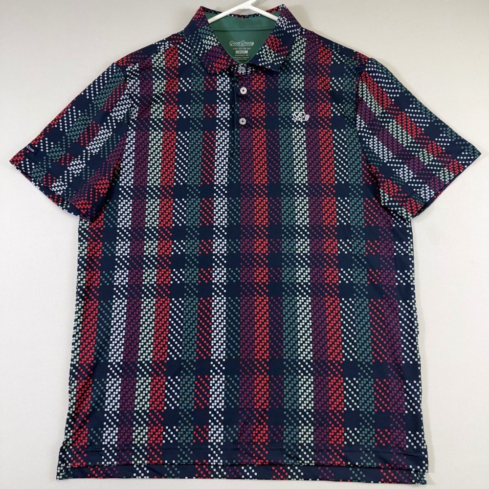 Good Good Golf Polo Shirt Mens Medium Multicolor Pixelated Plaid Geometric EUC